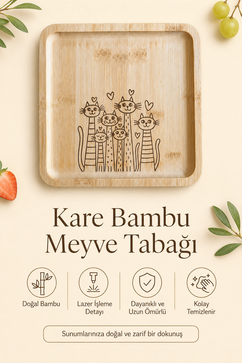 Kedi Ailesi Kare Bambu Meyve ve Sunum Tabağı