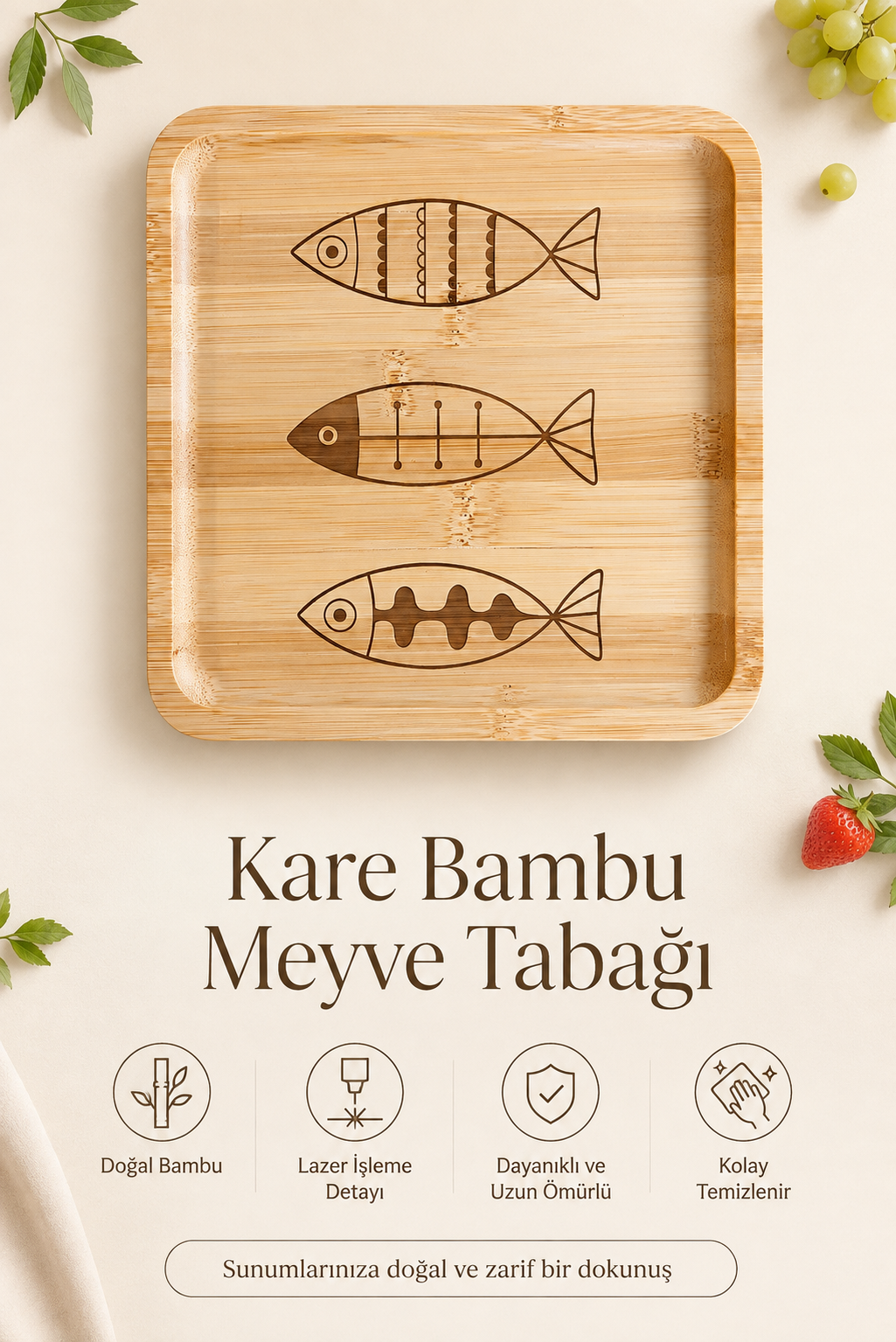 Üç Balık Desenli Kare Bambu Meyve ve Sunum Tabağı