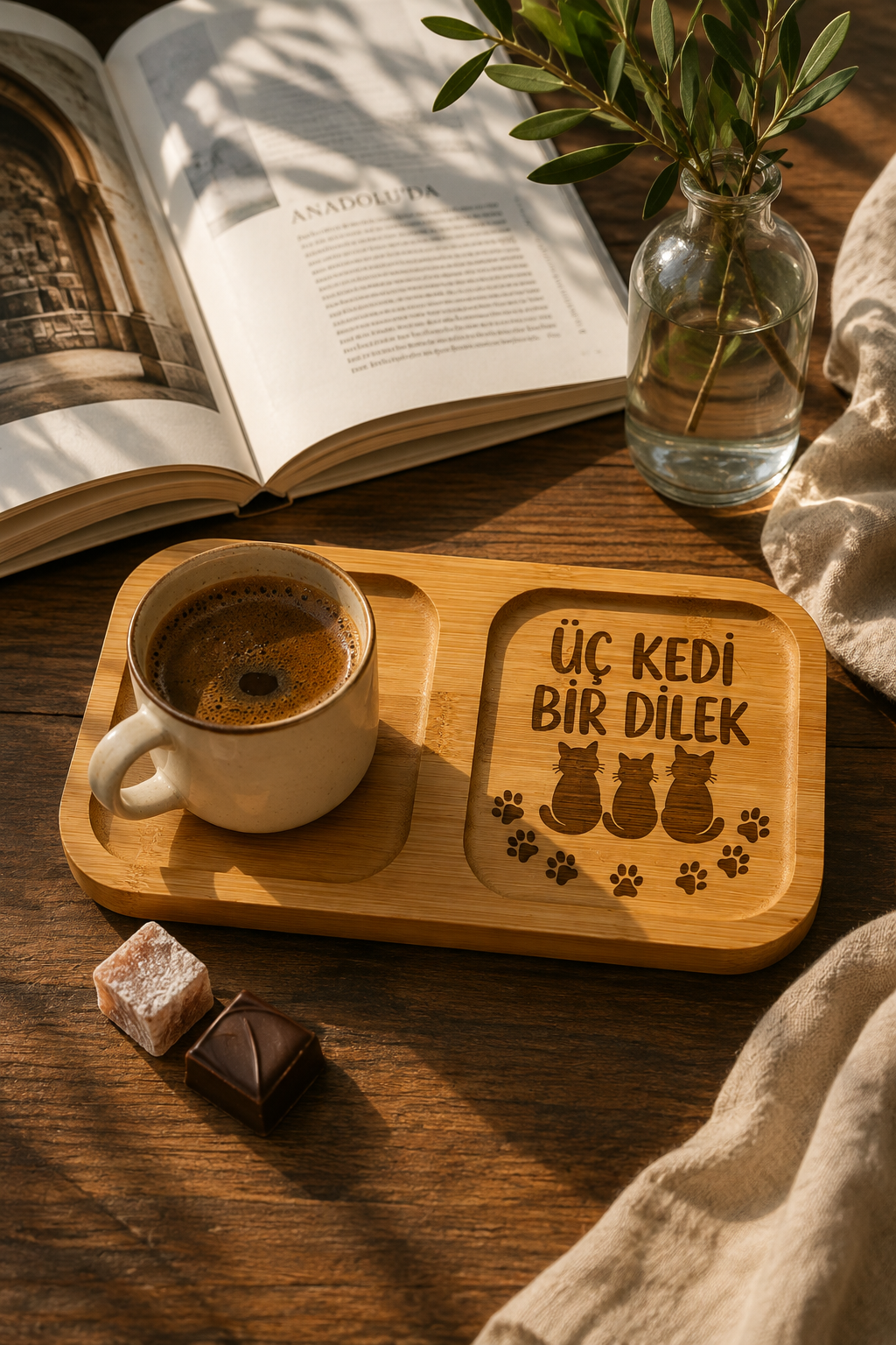 "Üç Kedi Bir Dilek" Yazılı Bambu Kahve Sunum Tabağı - Dikdörtgen