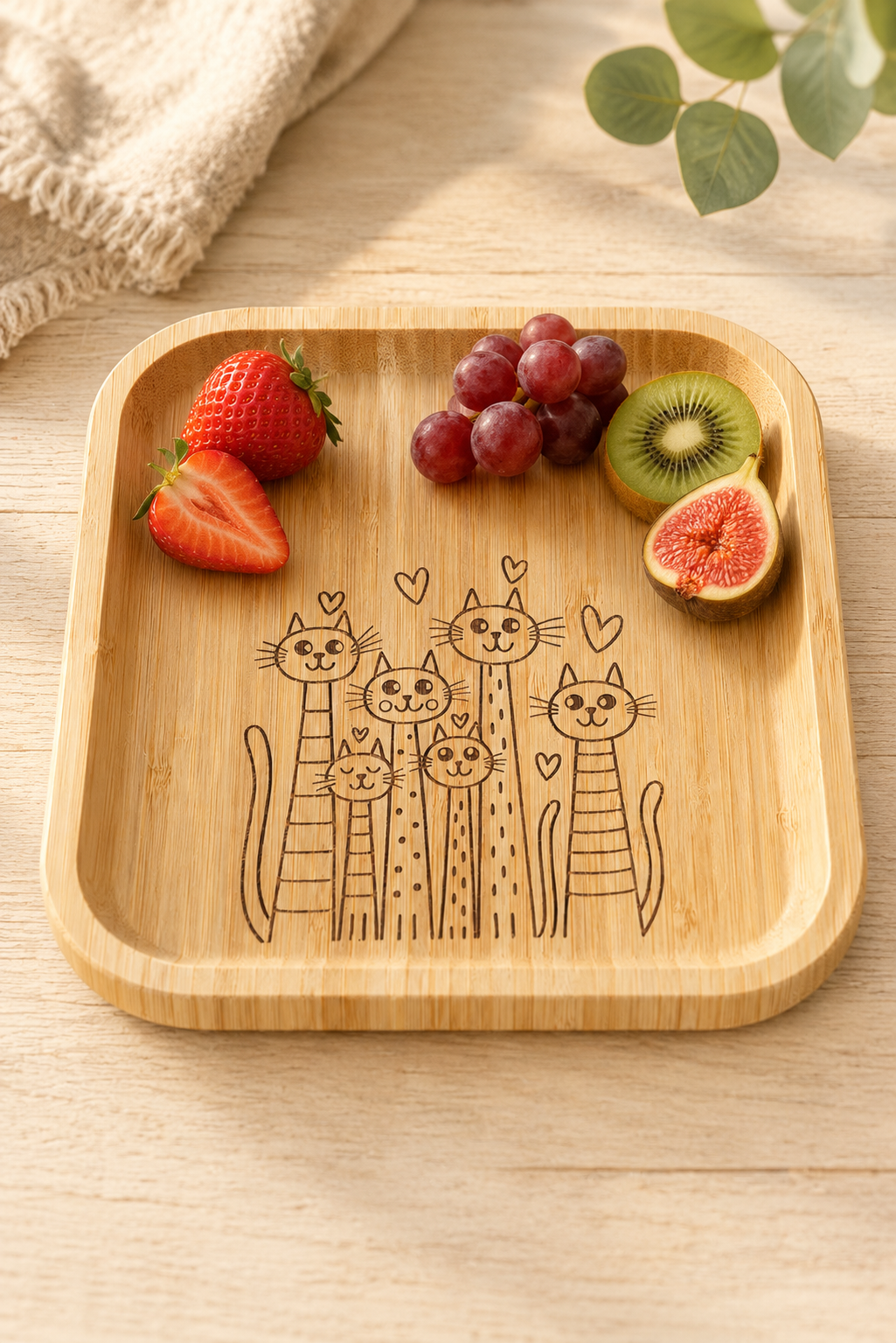 Signature Altı Kedi Desenli Kare Bambu Meyve ve Sunum Tabağı