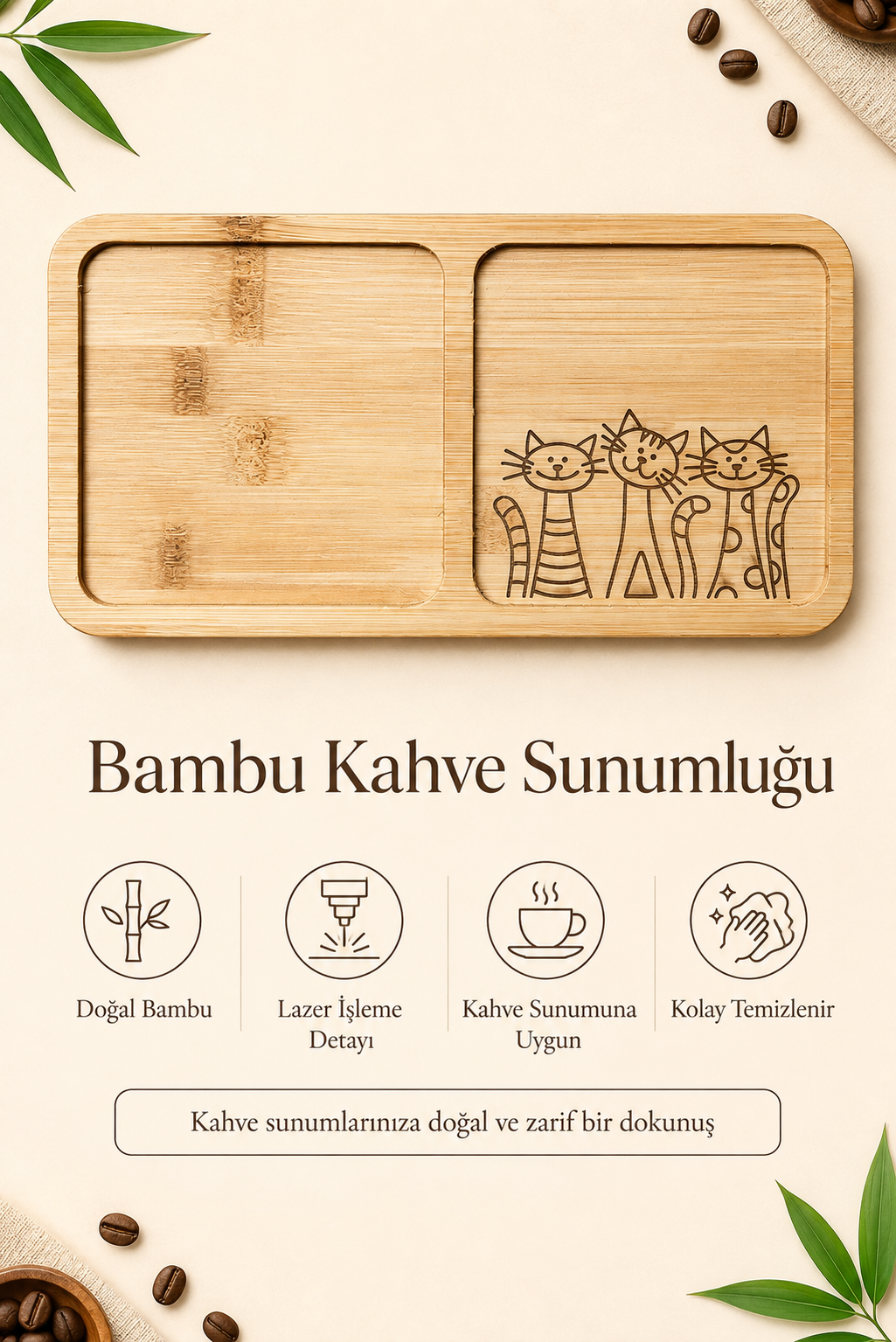 Üç Kedili Bambu Kahve Sunumluğu – Lazer İşlemeli Çift Bölmeli Sunum Tabağı