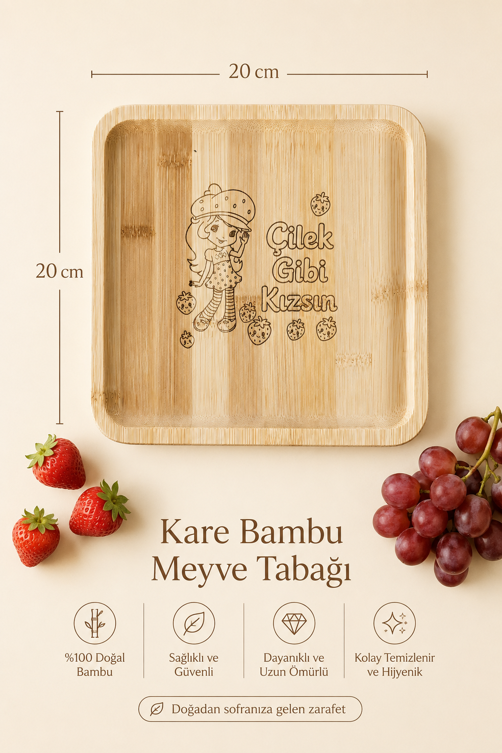 Çilek Gibi Kızsın Kare Bambu Kahvaltı ve Meyve Tabağı