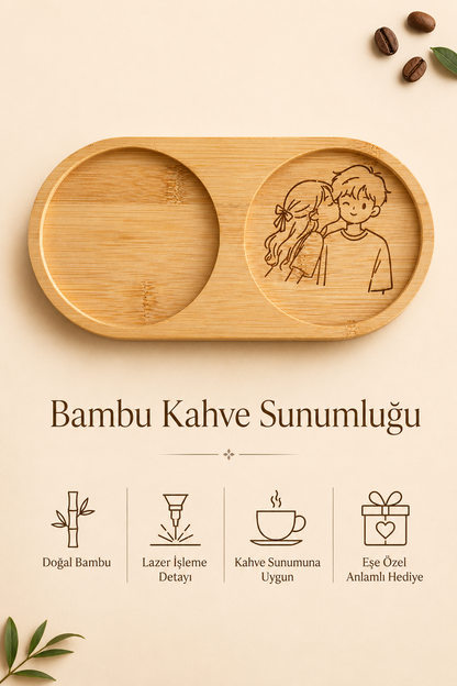 Line Art Sevgili Çizimli Bambu Kahve Sunumluğu