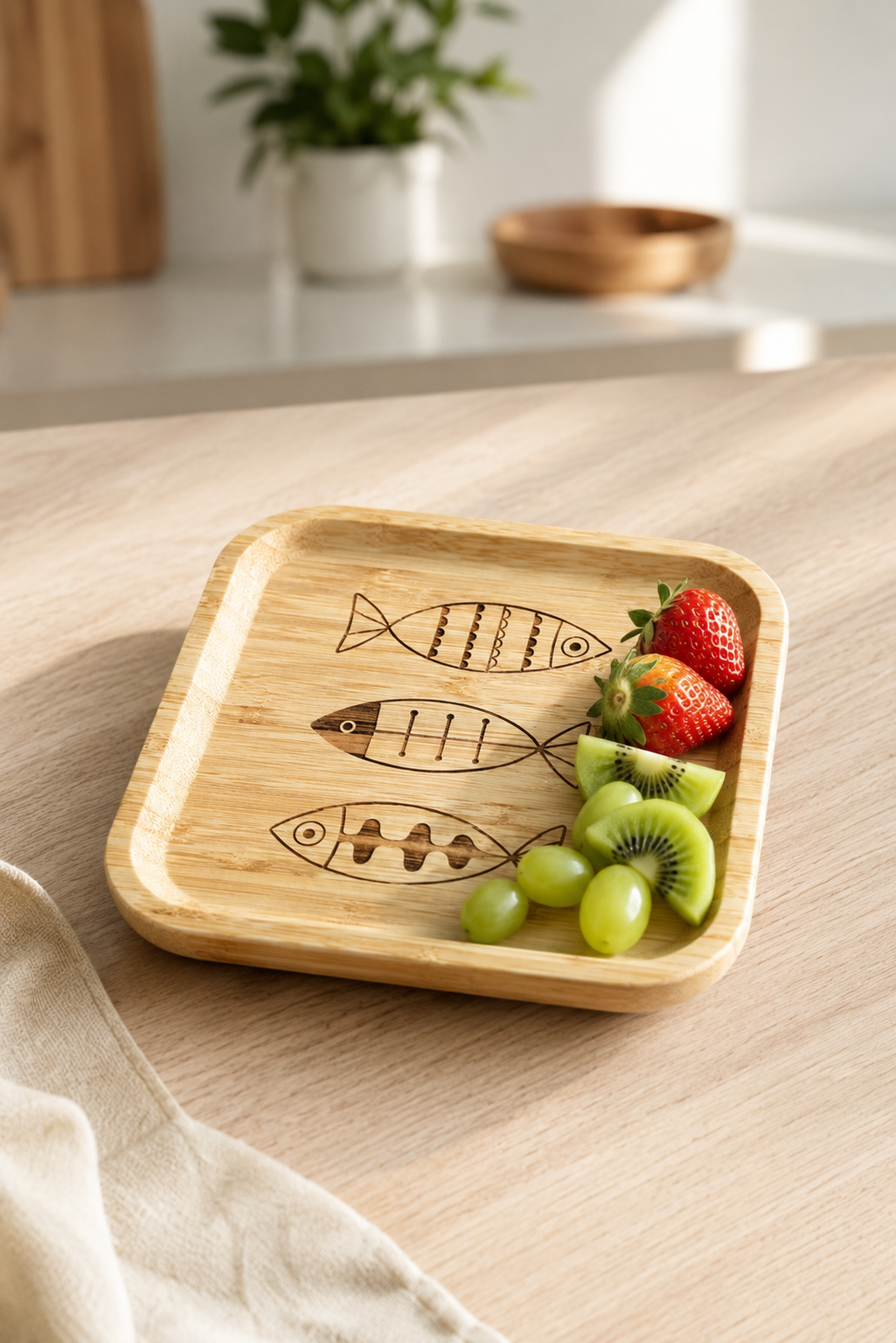 Signature Üç Balık Desenli Kare Bambu Meyve ve Sunum Tabağı - 20x20