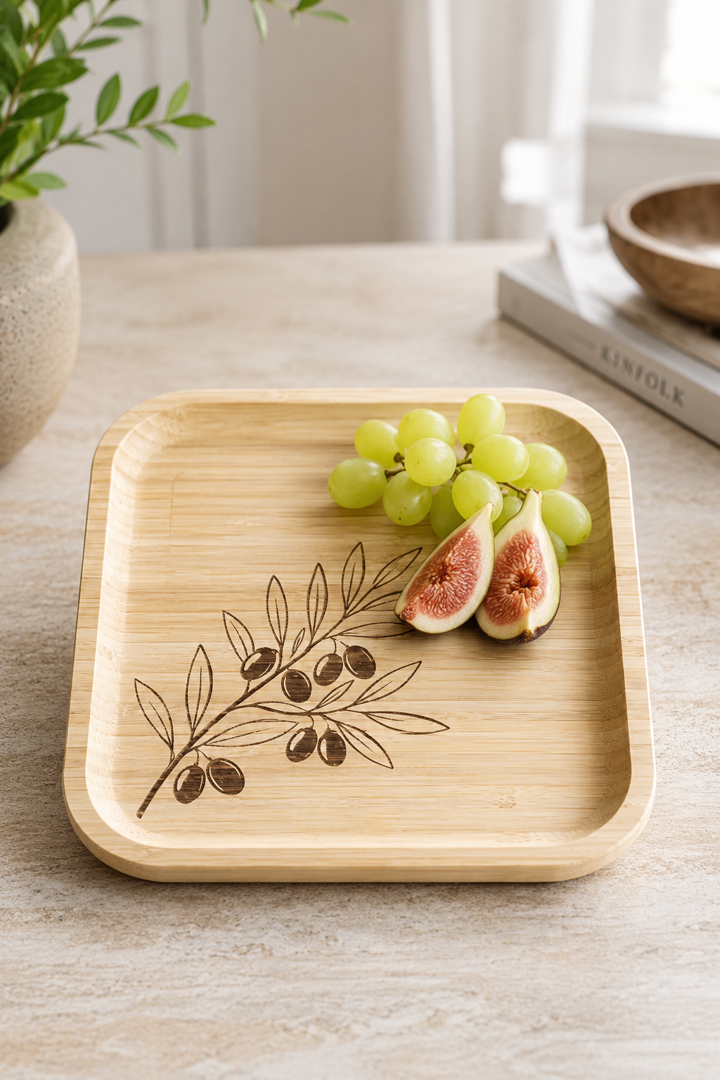 Signature Zeytin Dalı Desenli Kare Bambu Meyve ve Sunum Tabağı