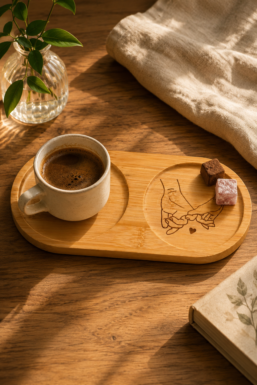 Baş Harfli El Ele Kişiye Özel Bambu Kahve Sunumluğu (Oval)