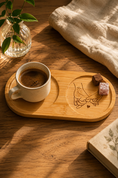 Baş Harfli El Ele Kişiye Özel Bambu Kahve Sunumluğu (Oval)
