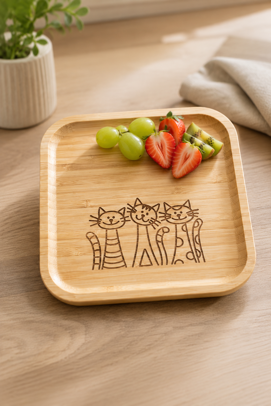 Signature Üç Kedi Desenli Kare Bambu Meyve ve Sunum Tabağı