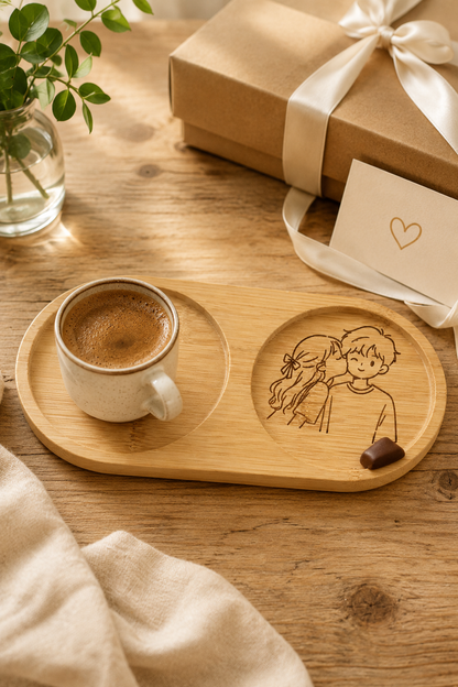 Line Art Sevgili Çizimli Bambu Kahve Sunumluğu