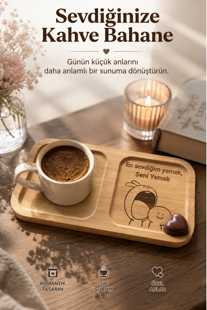 "En Sevdiğim Yemek Seni Yemek" Yazılı Bambu Kahve Sunumluğu