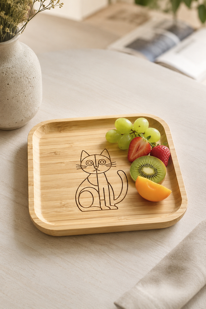 Signature Kedi Desenli Kare Bambu Meyve ve Sunum Tabağı