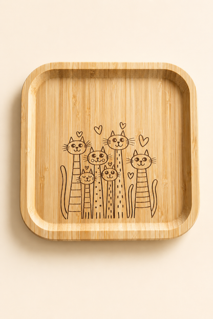 Signature Altı Kedi Desenli Kare Bambu Meyve ve Sunum Tabağı