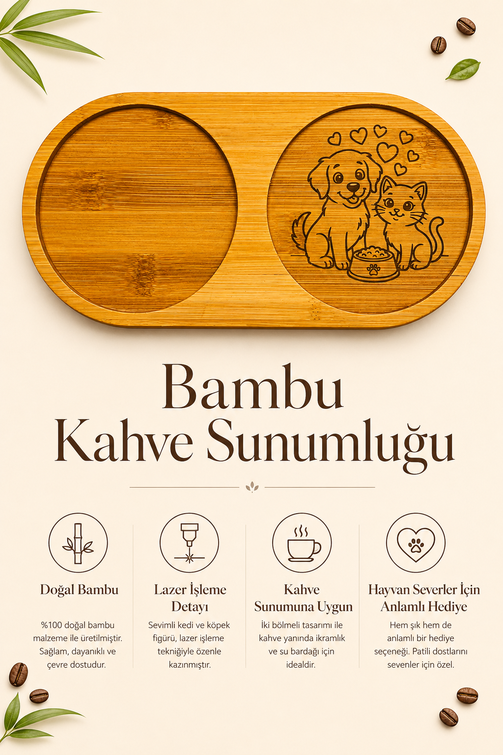Kalpli Kedi ve Köpek Figürlü Bambu Kahve Sunumluğu – Lazer İşlemeli Çift Bölmeli Sunum Tabağı (Oval)