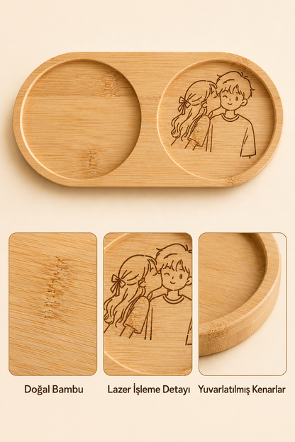 Line Art Sevgili Çizimli Bambu Kahve Sunumluğu