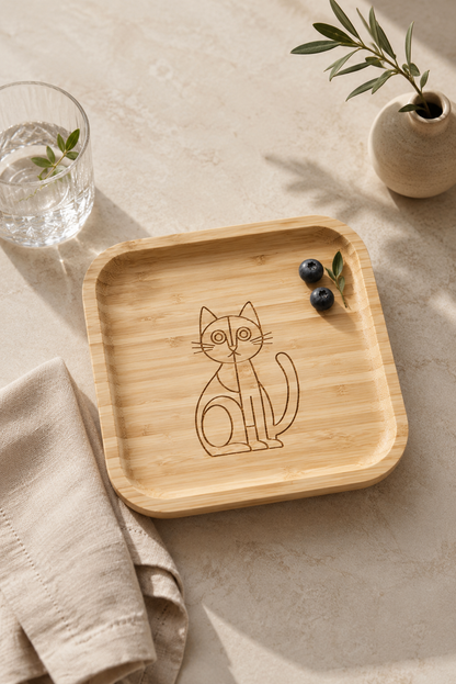 Signature Kedi Desenli Kare Bambu Meyve ve Sunum Tabağı