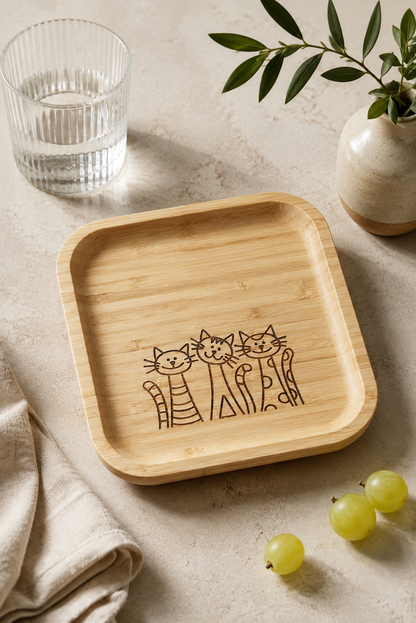 Signature Üç Kedi Desenli Kare Bambu Meyve ve Sunum Tabağı