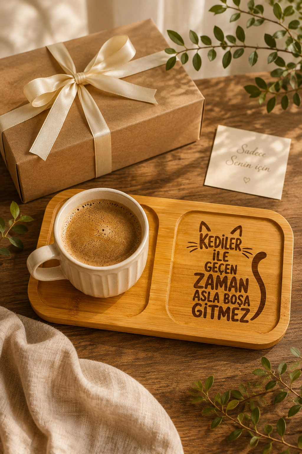"Kediler ile Geçen Zaman Asla Boşa Gitmez" Yazılı Bambu Kahve Sunumluğu – Lazer İşlemeli Çift Bölmeli Sunum Tabağı
