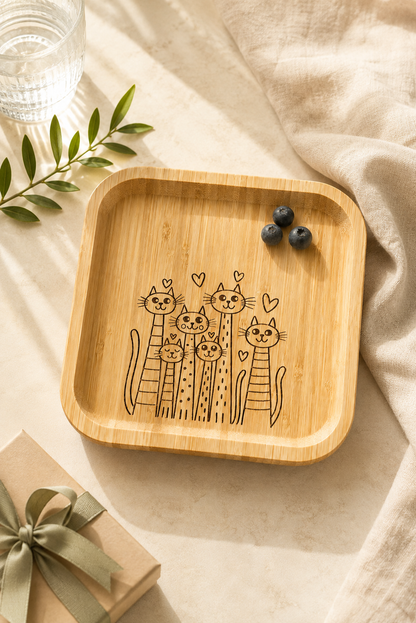 Signature Altı Kedi Desenli Kare Bambu Meyve ve Sunum Tabağı