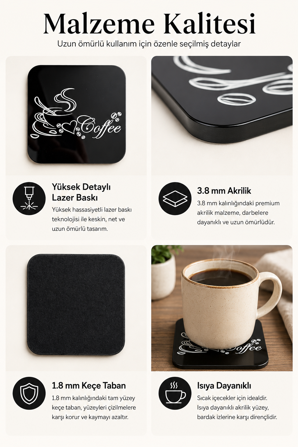Coffee Yazılı Kalpli Fincan Bardak Altlığı