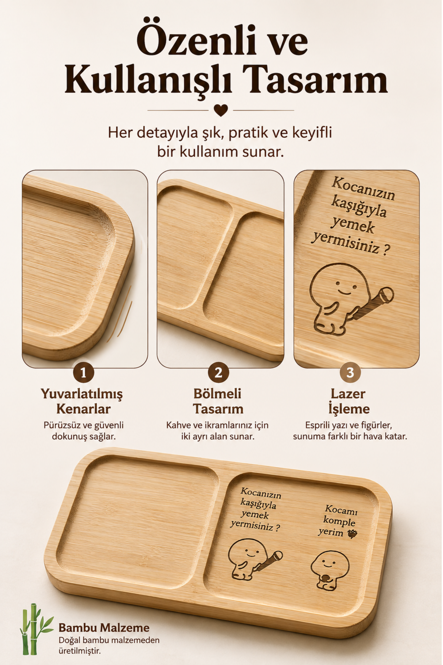 "Kocanızın Kaşığıyla Yemek Yer Misiniz" Yazılı Bambu Kahve Sunumluğu