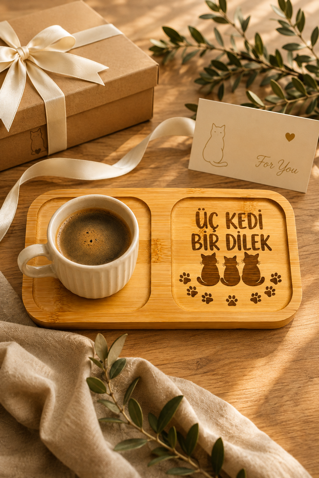 "Üç Kedi Bir Dilek" Yazılı Bambu Kahve Sunumluğu – Lazer İşlemeli Çift Bölmeli Sunum Tabağı