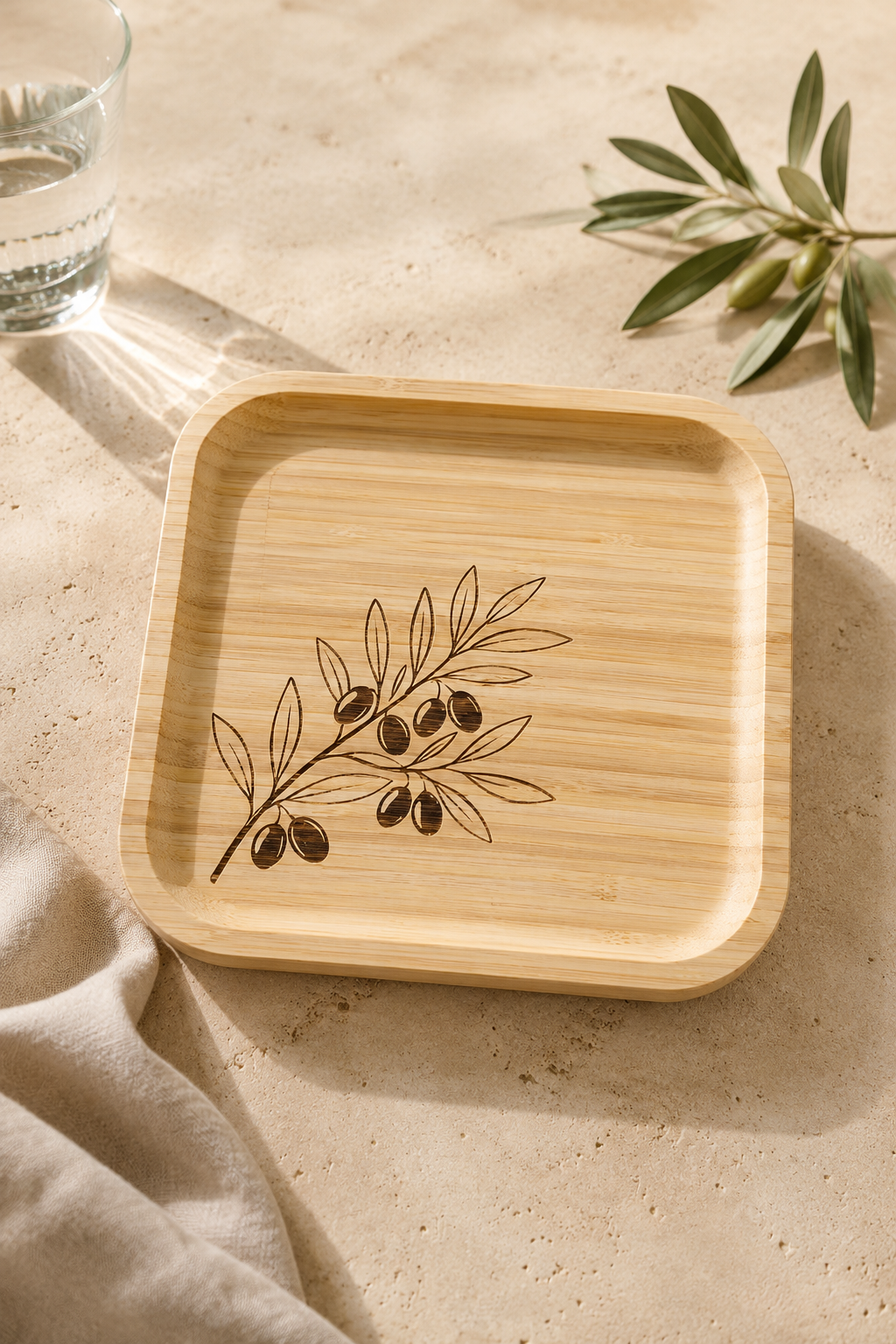 Signature Zeytin Dalı Desenli Kare Bambu Meyve ve Sunum Tabağı