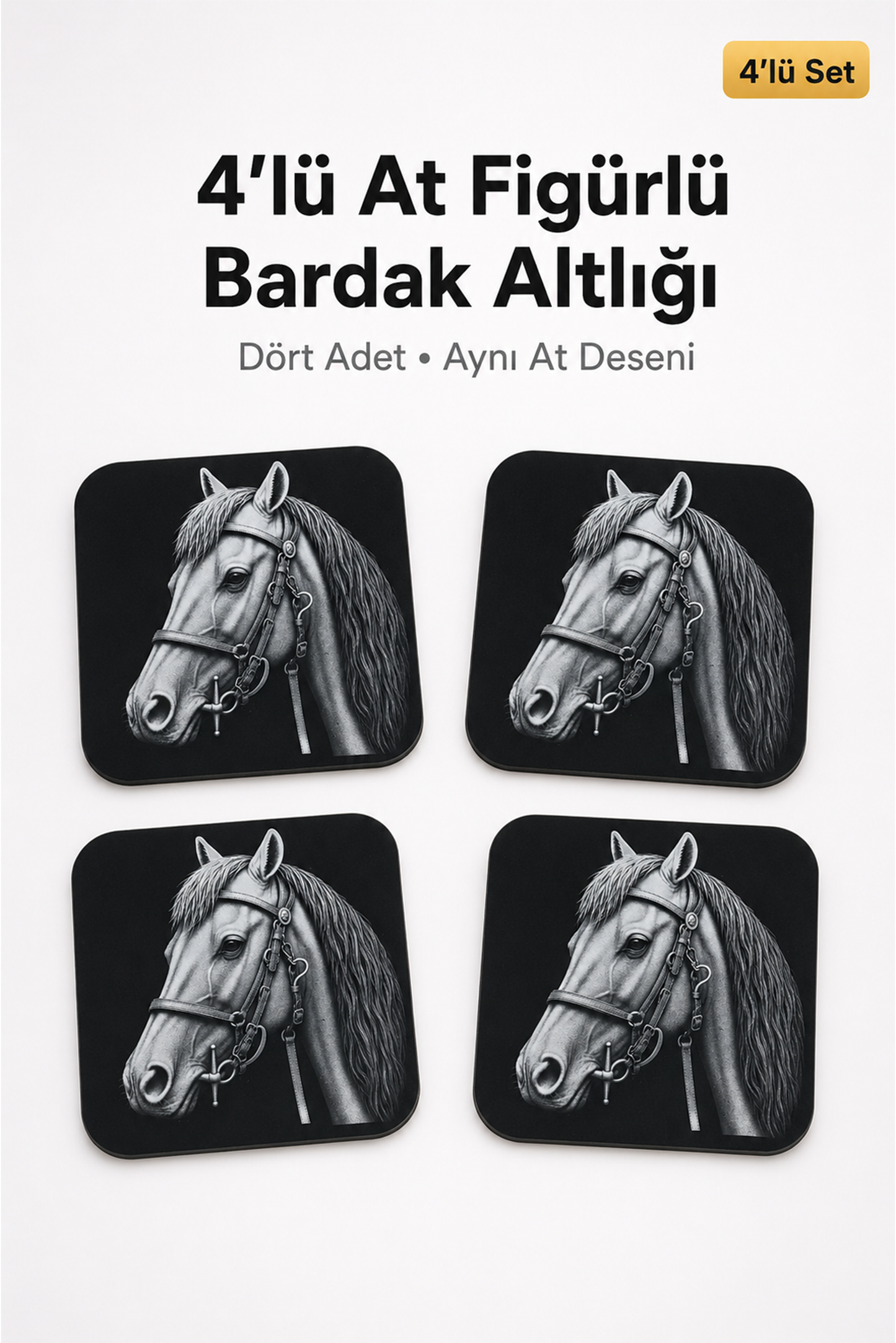 At Figürlü Bardak Altlığı - 4'lü Set