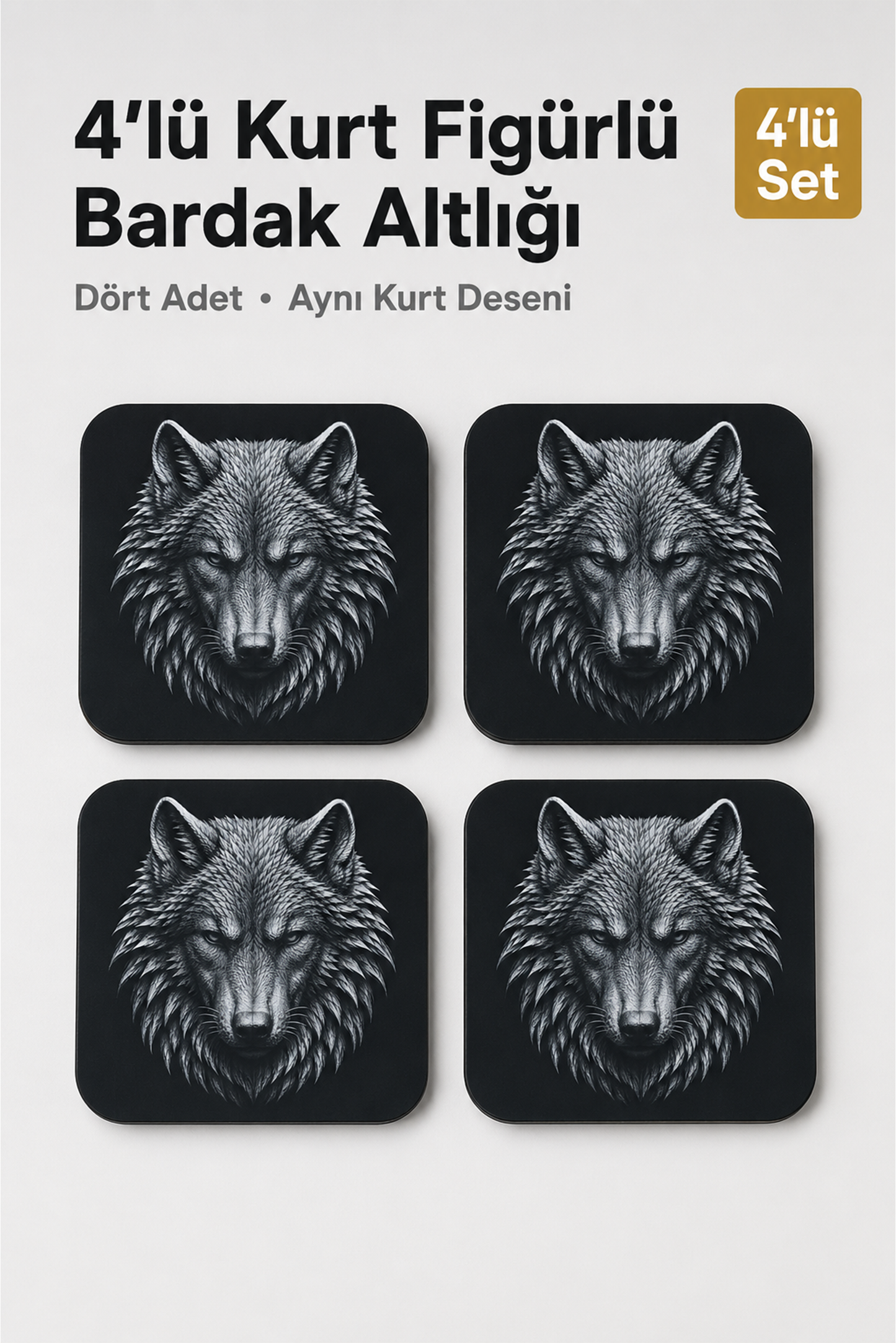 Kurt Figürlü Bardak Altlığı - 4'lü Set
