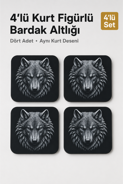 Kurt Figürlü Bardak Altlığı - 4'lü Set